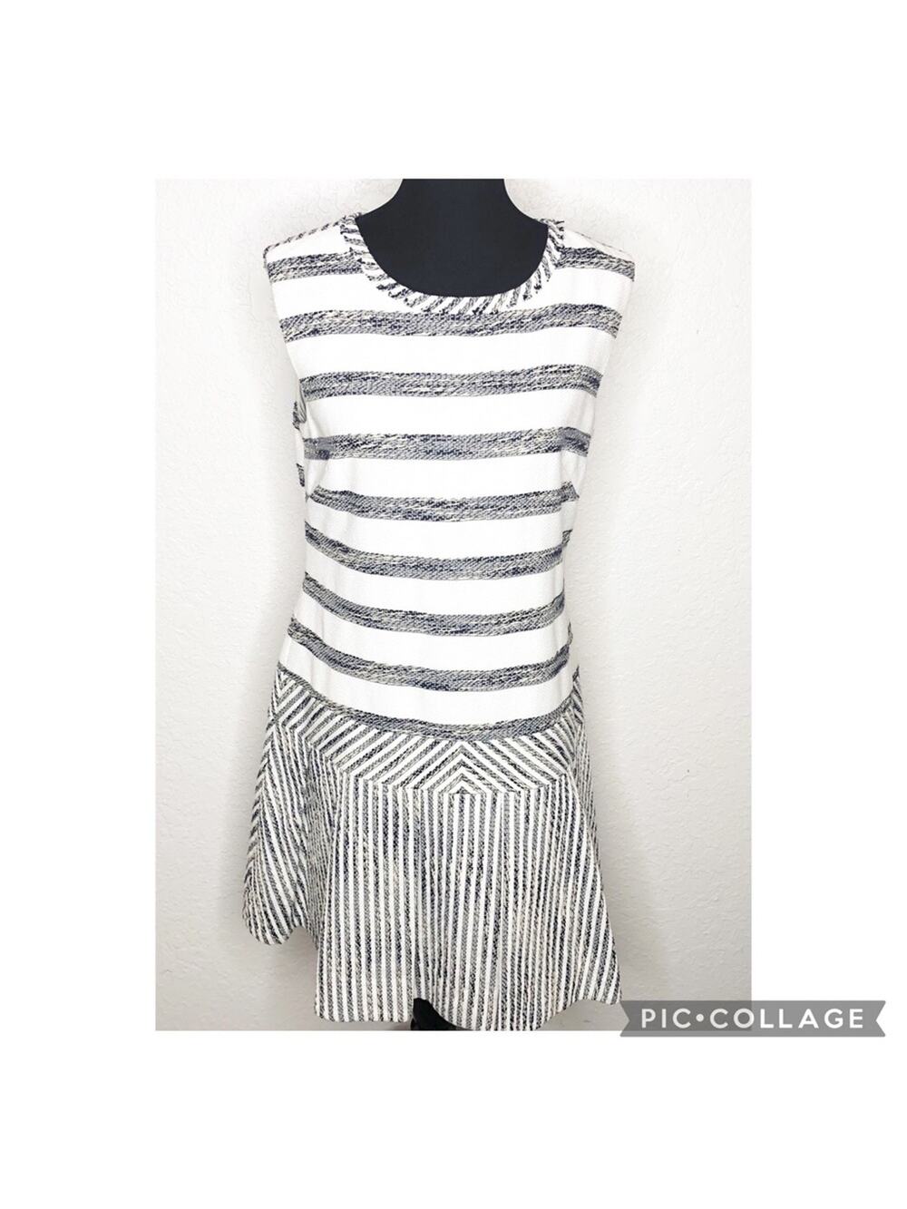 J Crew white black tan striped tweed knit pleated skirt dress size 10